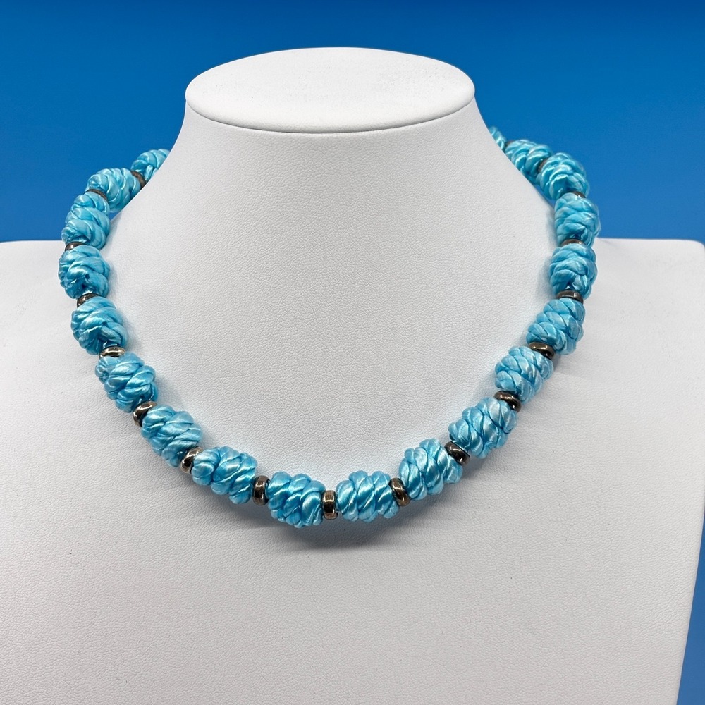 Blue Rope Knot Necklace Silver & Turquoise Tone Boho Statement Vintage Jewelry